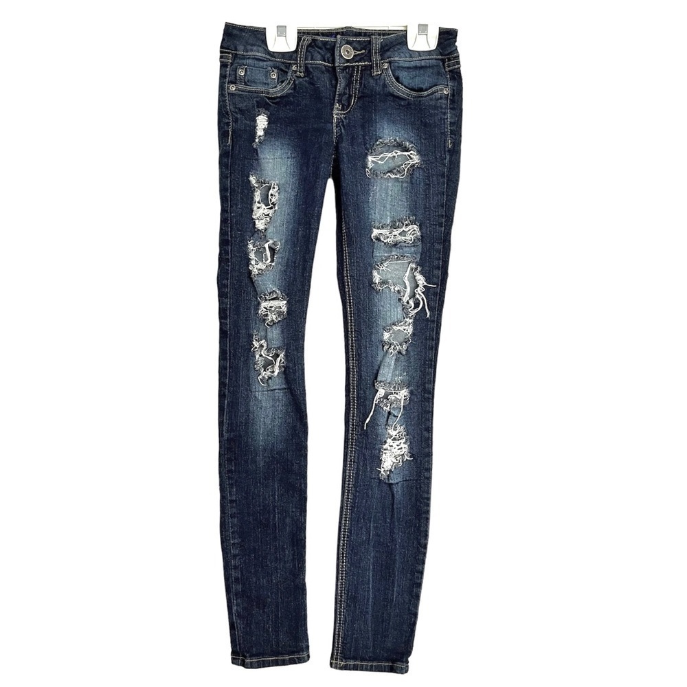 London special edition distressed jeans. Dark rinse​ cotton spandex, low rise XS